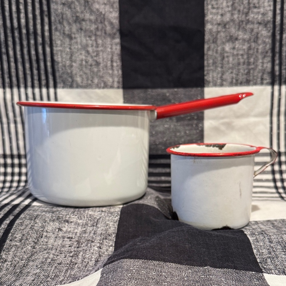 Rustic Enamel Saucepan and Mug Set For Display Use Only